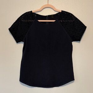 J. Crew Navy Lace Sleeve Crewneck Blouse